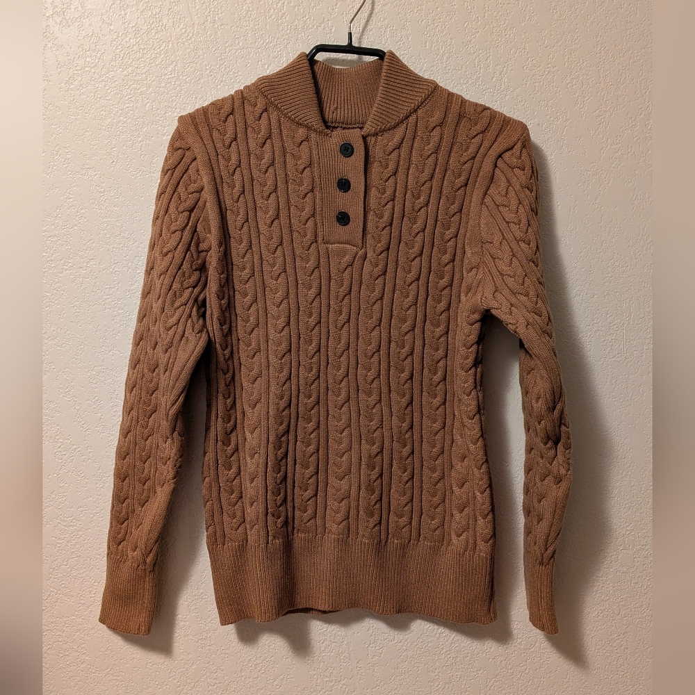 Cozy Cable-Knit Button Polo Sweater in Brown - Picture 3 of 7